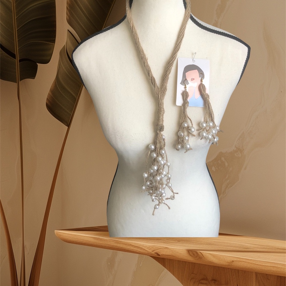 New Handmade Faux Pearls Jute Necklace - Picture 2 of 5